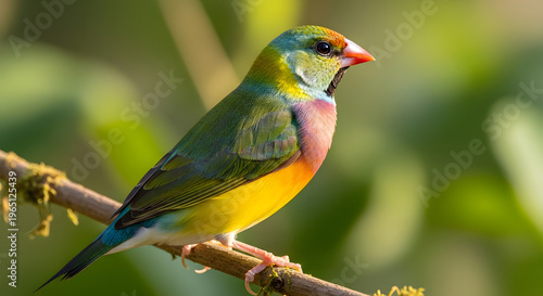 Small colorful finch bird perched on tree branch in lush tropical forest setting with soft bokeh light.