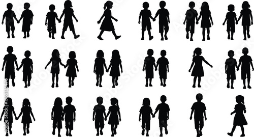 Black silhouette illustration of children walking and holding hands, companionship concept, friendship, childhood movement, togetherness design theme