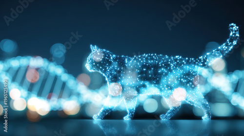 Digital cat silhouette future medical concept dna strand glowing particle neon blue veterinary science biotechnology animal health innovation technology background digital cat silhouette future