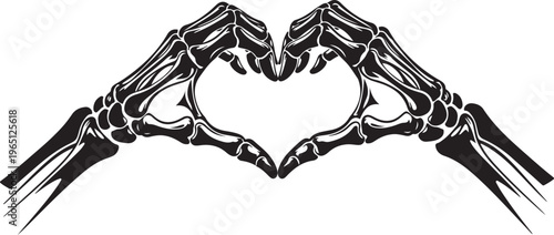 Skeleton hands making heart shape sign romantic gothic illustration design on transparent background isolated monochromatic skull art