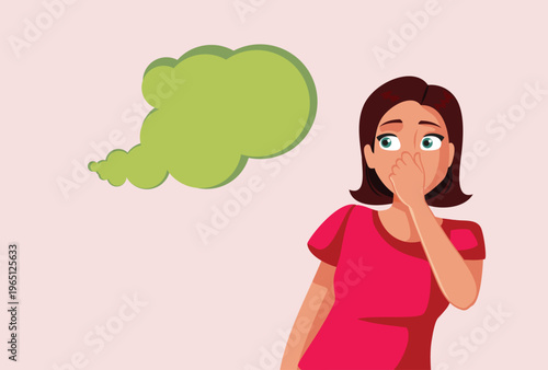 Woman Holding Her Nose Notices Bad Smell Vector Illustration. Lady sensing unpleasant odor due to unhygienic medium
