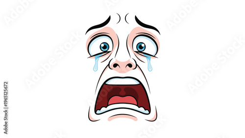 Close up cartoon face depicting a terrified and crying expression with large tears and an open mouth for emotional character design.