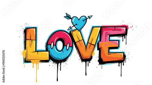 Vibrant graffiti style word love featuring a blue heart with an arrow and colorful paint drips for urban art and romantic themes.