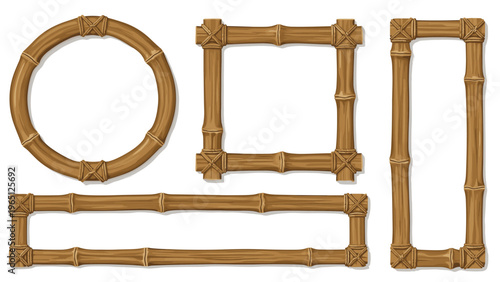 Collection of rustic bamboo frames in various geometric shapes including circle and rectangle for tropical and oriental themed designs.