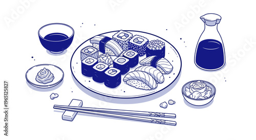 Delicious sushi rolls on a plate with soy sauce and chopsticks japanese cuisine illustration