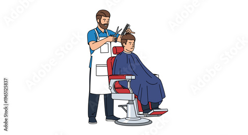 Barber cutting hair of client sitting in red salon chair with blue cape professional service
