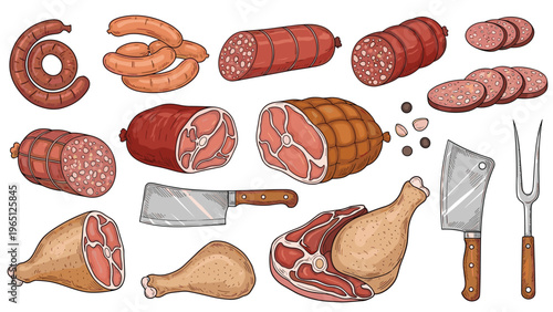 Collection of assorted deli meats and sausages with butcher tools like a cleaver and fork for grocery and culinary related designs.