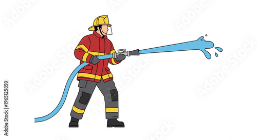 Firefighter in action spraying water from hose to extinguish flames in emergency response situation with safety gear