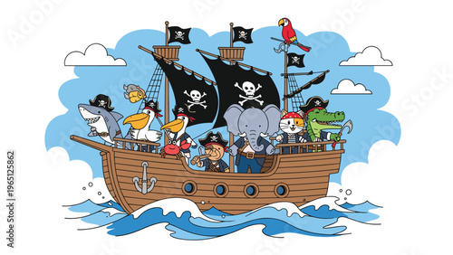 Fun pirate ship illustration carrying a crew of cute cartoon animals dressed in pirate hats and gear for children s adventure themes.