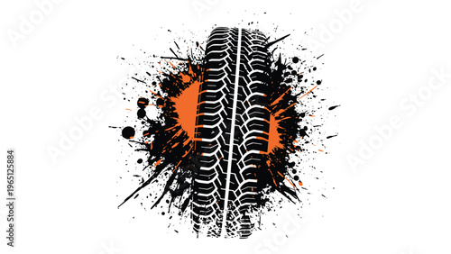 Dynamic tire tread mark graphic on a bold orange and black paint splatter background for automotive racing and off road sport themes.