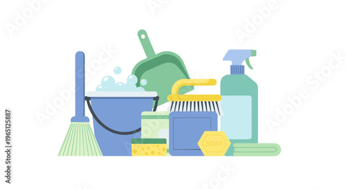 Flat illustration of cleaning supplies and tools for spring cleaning including broom bucket sponge and detergent
