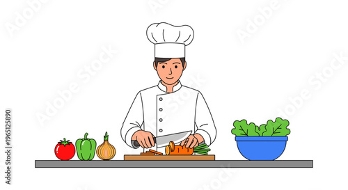 Chef preparing vegetables on a kitchen counter with fresh ingredients