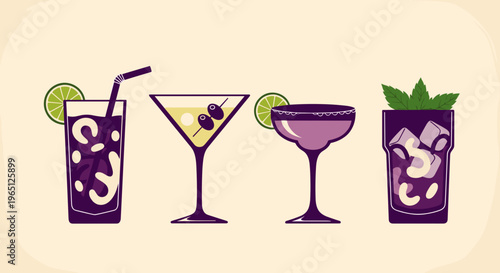 Four stylized cocktail glasses with fruit garnishes on a beige background illustration