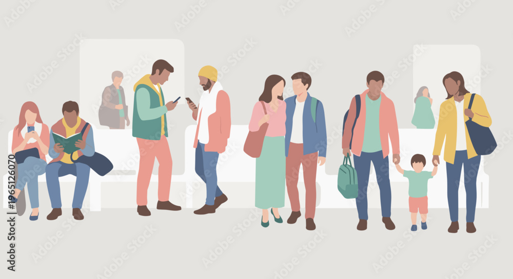 Obraz premium Diverse group of people walking and sitting in a public space with casual clothing and various accessories