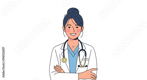 Female doctor with stethoscope and arms crossed smiling in white lab coat and blue shirt