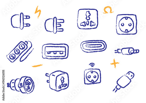 A collection of various electrical plugs, power sockets, adapters, and charging cables, Hand drawn Charcoal Brush Line out 