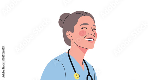 Smiling female nurse with stethoscope and blue scrubs looking right isolated on white background editorial illustration