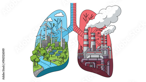Conceptual illustration of human lungs comparing a clean green environment with an industrial polluted landscape.