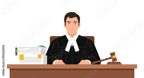 Judge sitting at desk with gavel and documents in courtroom setting law and justice concept