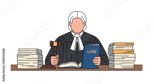 Judge sitting at desk with law books and gavel symbolizing justice and legal profession in a courtroom setting with authority