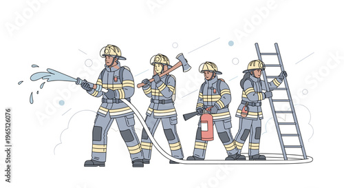 Four firefighters in action with equipment and ladder responding to emergency situation