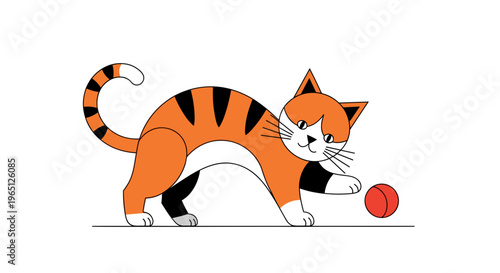 Vibrant orange tabby cat playfully pouncing on red ball dynamic movement whimsical illustration pet fun energetic playtime curious animal colorful design element
