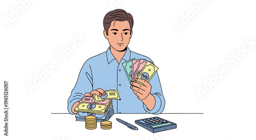 Man counting money at desk with calculator and coins financial planning and budgeting concept