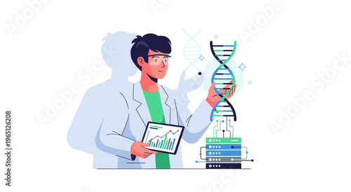 Scientist in lab coat analyzing dna double helix structure with tablet and books on a clean white background