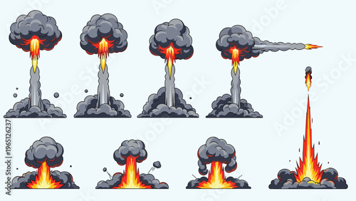 Various stages of rocket launches and explosive effects depicted in a vibrant retro pixel art illustration style.