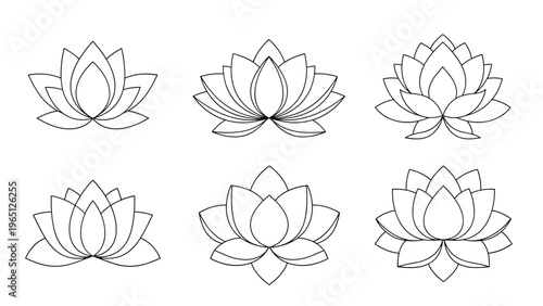 Set of six minimalist lotus flower icons designed with clean lines for spiritual, wellness, or aesthetic logo design projects.
