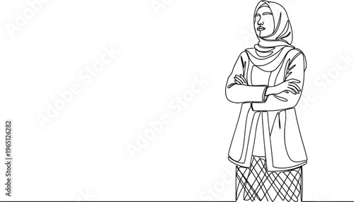 Elegant sketch of a woman in traditional attire with arms crossed