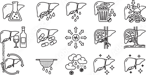 Human liver health icons showing medical problems including alcohol damage medication toxicity and purification process with outline.