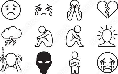 Sadness and depression line icons set featuring crying face broken heart lonely person and mental health symbols for emotional pain.