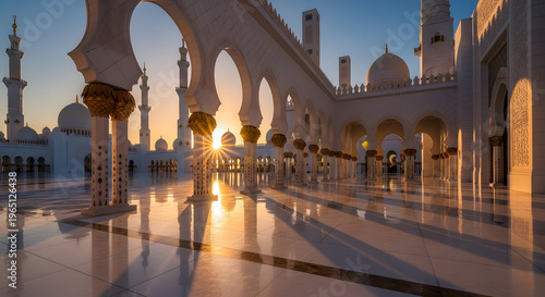 Stunning sunset over grand mosque with ornate arches and reflections on polished marble floor.
