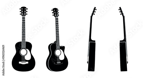 A set of four black acoustic guitar silhouettes showing front, side, and perspective views. Ideal for music logos, icons, and graphic design elements.