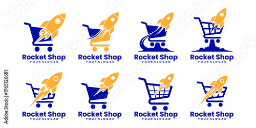 Collection of rocket shop logo designs with fast and modern concepts, perfect for e-commerce, delivery services, and online store brands.