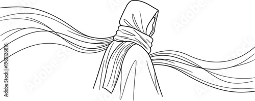 Mysterious hooded figure with flowing scarf against a white background
