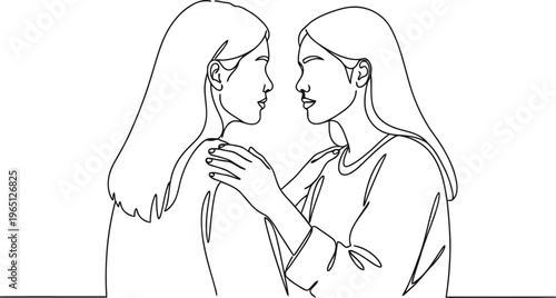 Two women in a tender embrace drawn with simple elegant line art