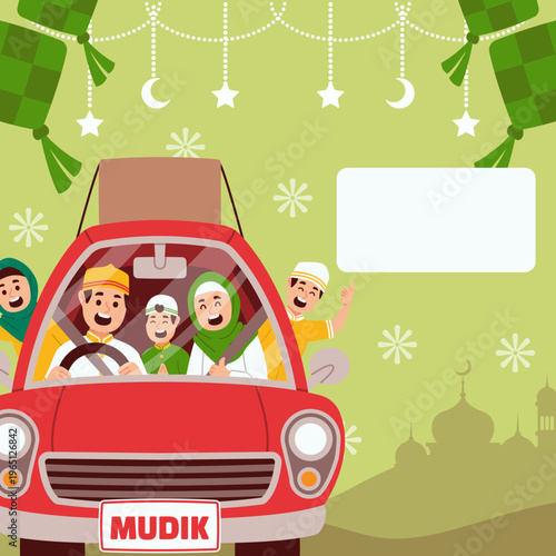 Ramadan THR Envelope Label with Family Mudik Car Illustration
