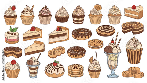 Hand-drawn set of delicious sweet treats including various cupcakes, cake slices, cookies, and ice cream sundaes.