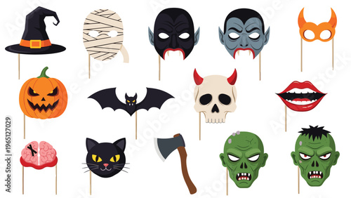 Set of Halloween photo booth props featuring spooky masks, hats, and icons on sticks for festive party fun.