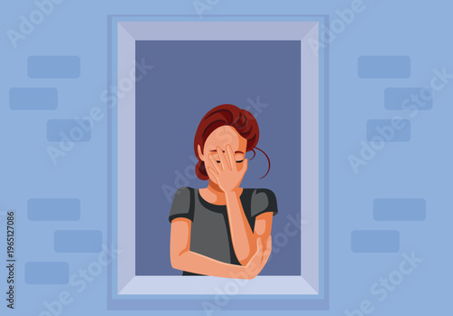 Sad Woman Making Palm Gesture In Window Vector Illustration. Person showing deep disappointment, stress or regret in a moment of melancholy