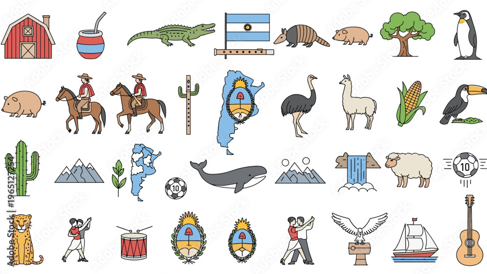 Fototapeta premium Extensive set of colorful icons representing various symbols of Argentine culture, nature, and national identity.