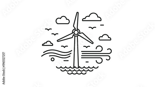 Circular line art illustration of a wind turbine in a coastal landscape with waves, wind, and soaring birds.