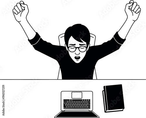 Excited person celebrating success at their desk with laptop and notebook