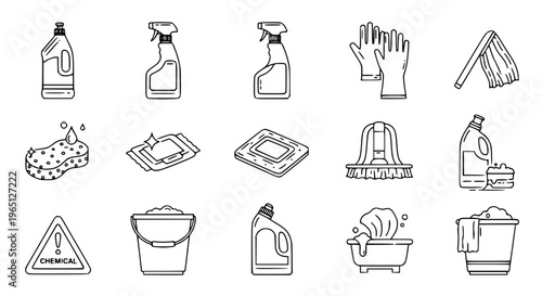 Detailed bleach outline icon set with cleaning, disinfectant, and hygiene illustrations