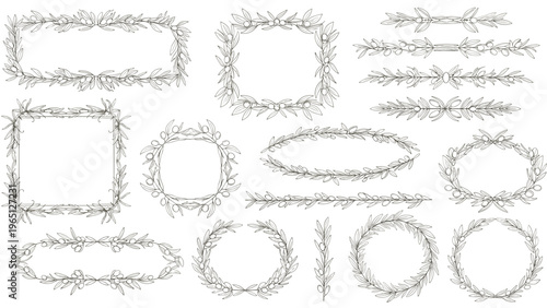 Large collection of hand-drawn botanical frames and dividers featuring delicate leaves and floral sketches.