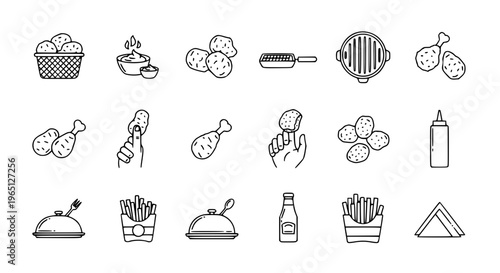 Minimal chicken nuggets outline icon set with basket, grill, and finger food symbols