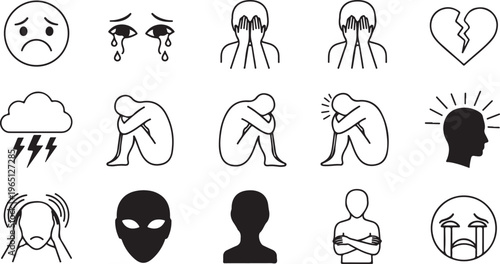 Set of icons representing sadness and mental health struggles on transparent background.