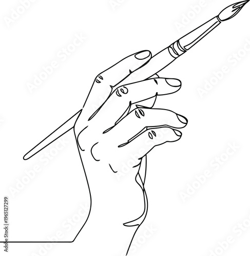 Minimalist line art drawing of a hand holding a paintbrush ready to create